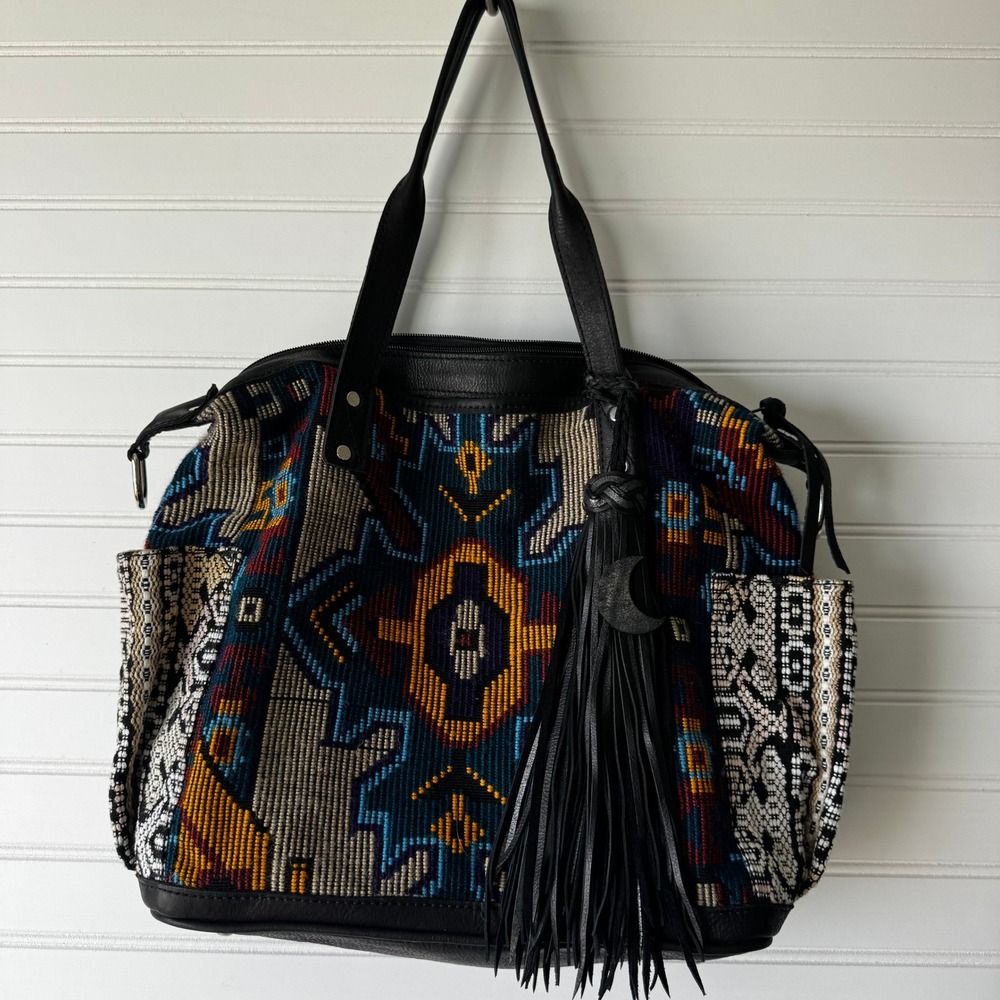 Maria's Artisan Shop Boho Tribal Woven‎ Leather Tote Bag Fringe Backpack